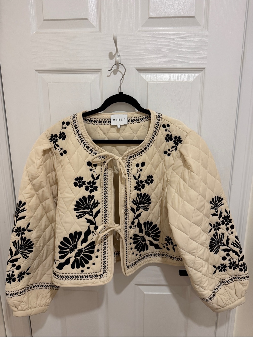 MABLE Cream Quilted Jacket with Black Floral Embroidery